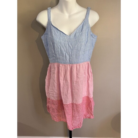 Cynthia Rowley 100% Linen Sun Dress XS  Color Block Blue Pink V-neck - Picture 1 of 6